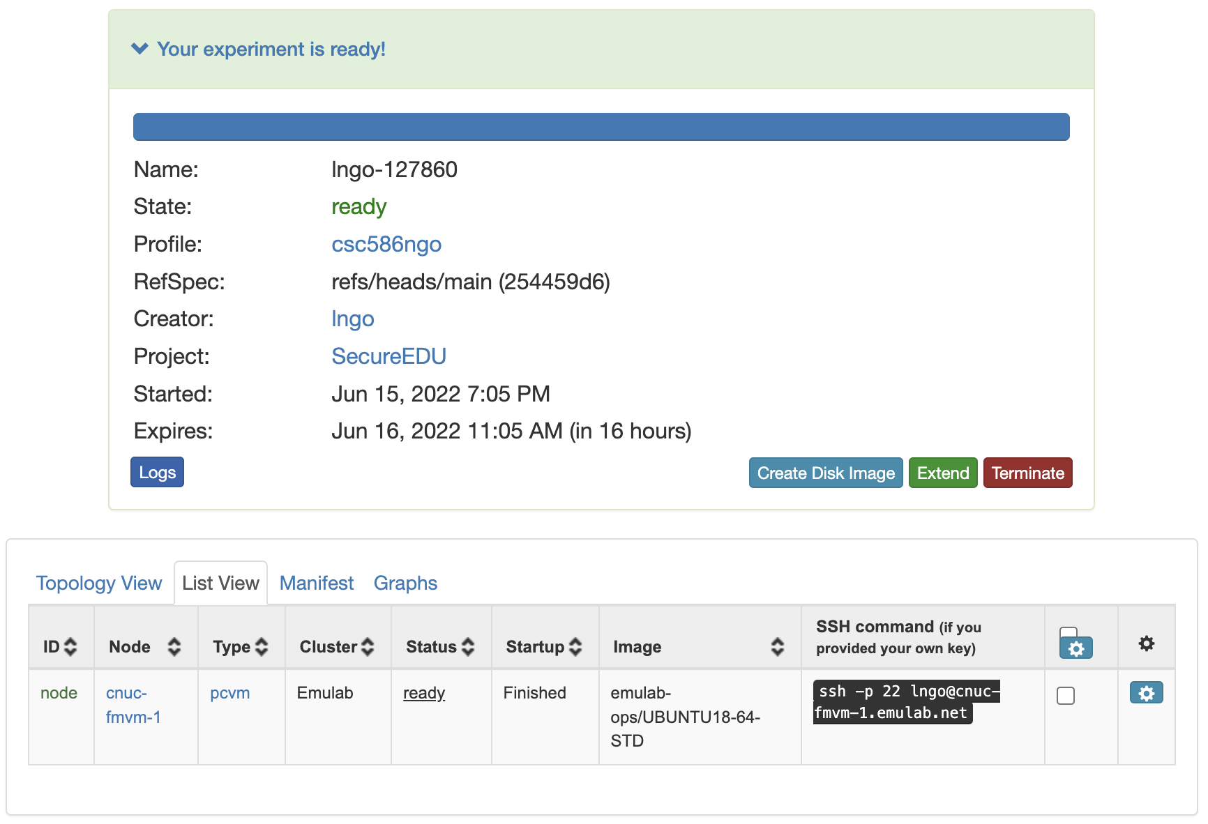 SSH command to connect to CloudLab experiment