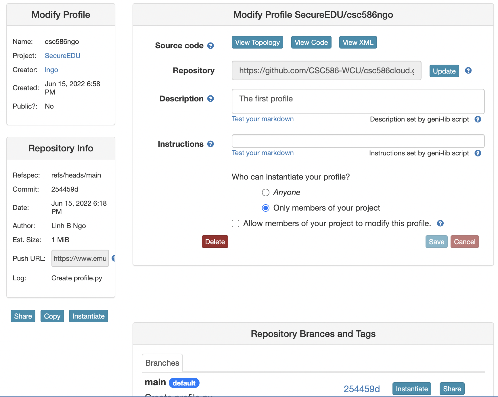 Instantiate an experiment from a profile